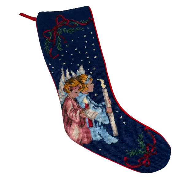 Vintage Other - Vintage Needlepoint Cross Stitch Christmas Stocking Angels Candles Red Velvet